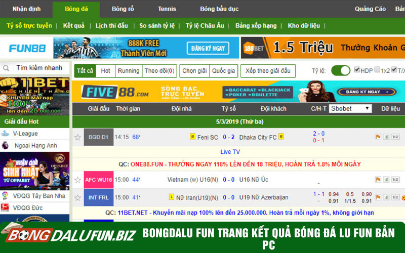 Trang kết quả bóng đá lu fun bản pc